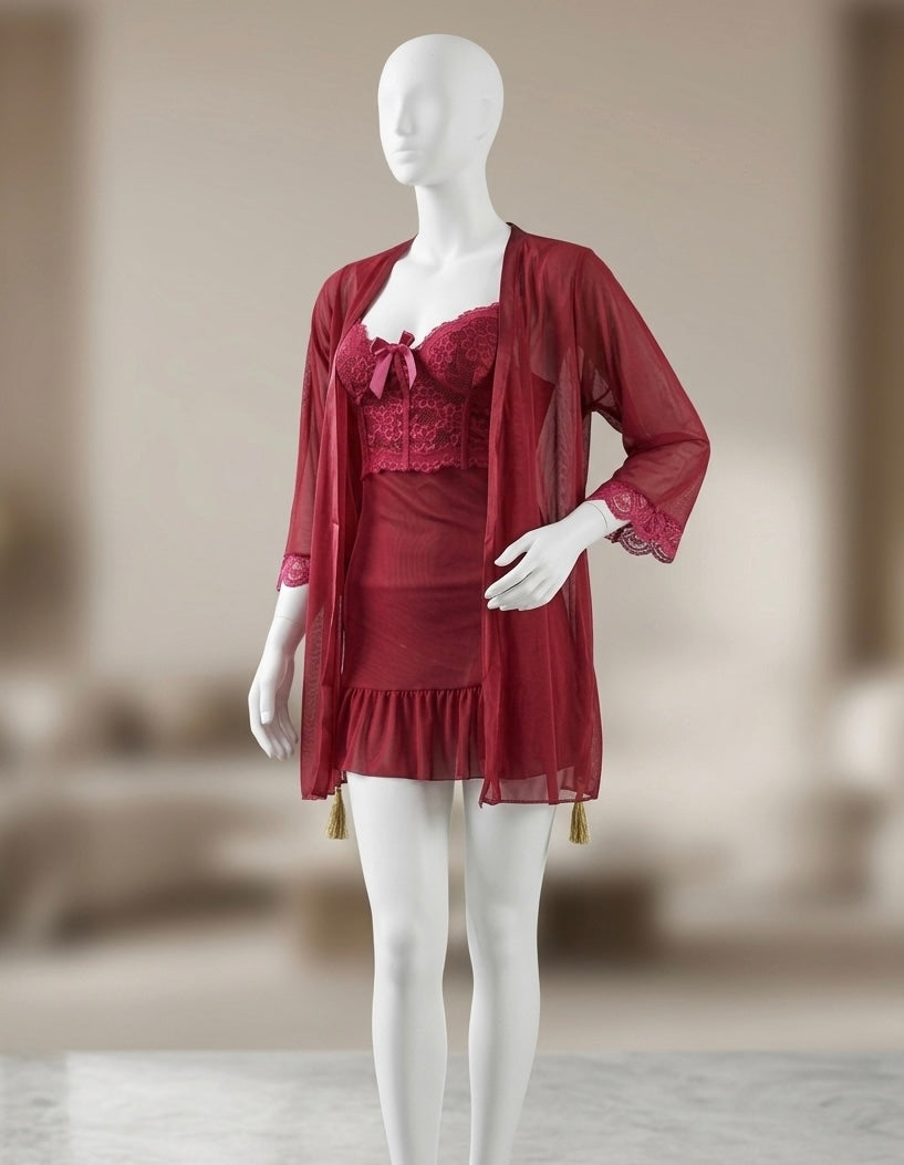 Burgundy Lace Nightwear & Camisole Lingerie (2-Piece)