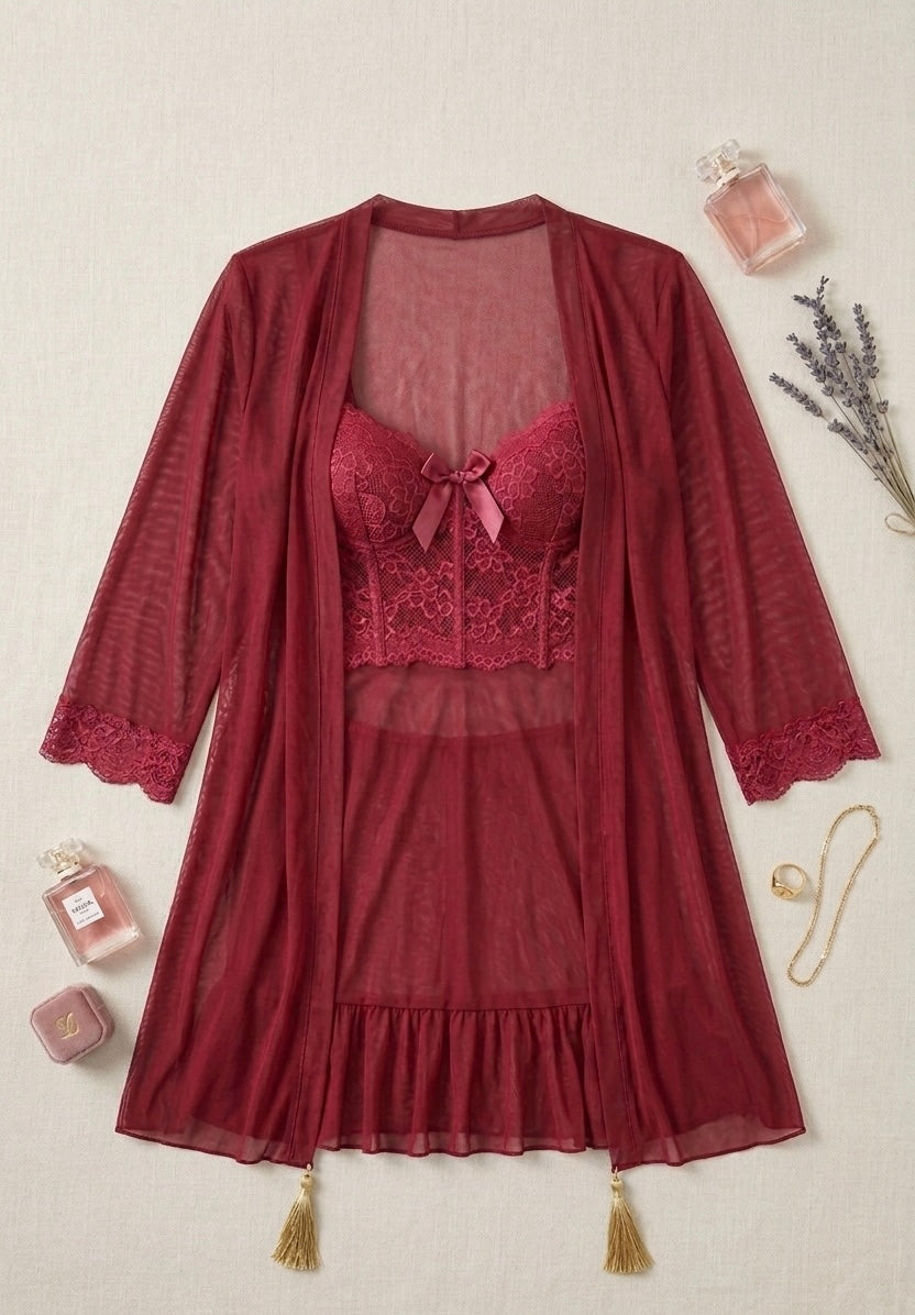 Burgundy Lace Nightwear & Camisole Lingerie (2-Piece)